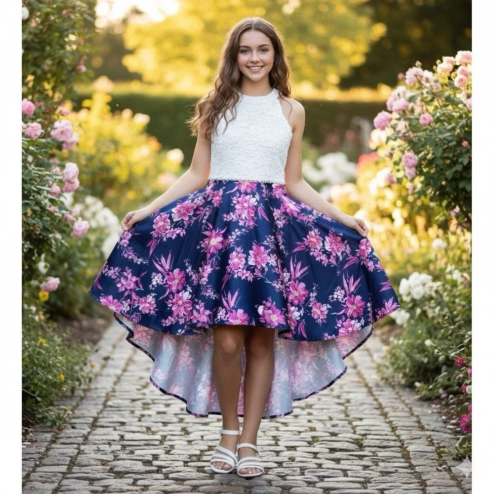 Speechless Kids Girls Size 16 Floral High-Low‎ Formal Dress White Lace Navy Blue